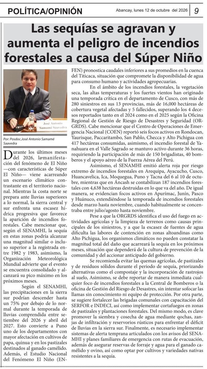 jsamames's tweet photo. En la columna de CHASKI Diario de Apurímac - Apurímac para el mundo.
Puedes verlo en la página web:
https://t.co/OoKQxLpFjA
Por: Posdoc.José Antonio Samamé Saavedra
Las sequías se agravan y aumenta el peligro de incendios forestales a causa del Súper Niño. https://t.co/sFhnVSW830