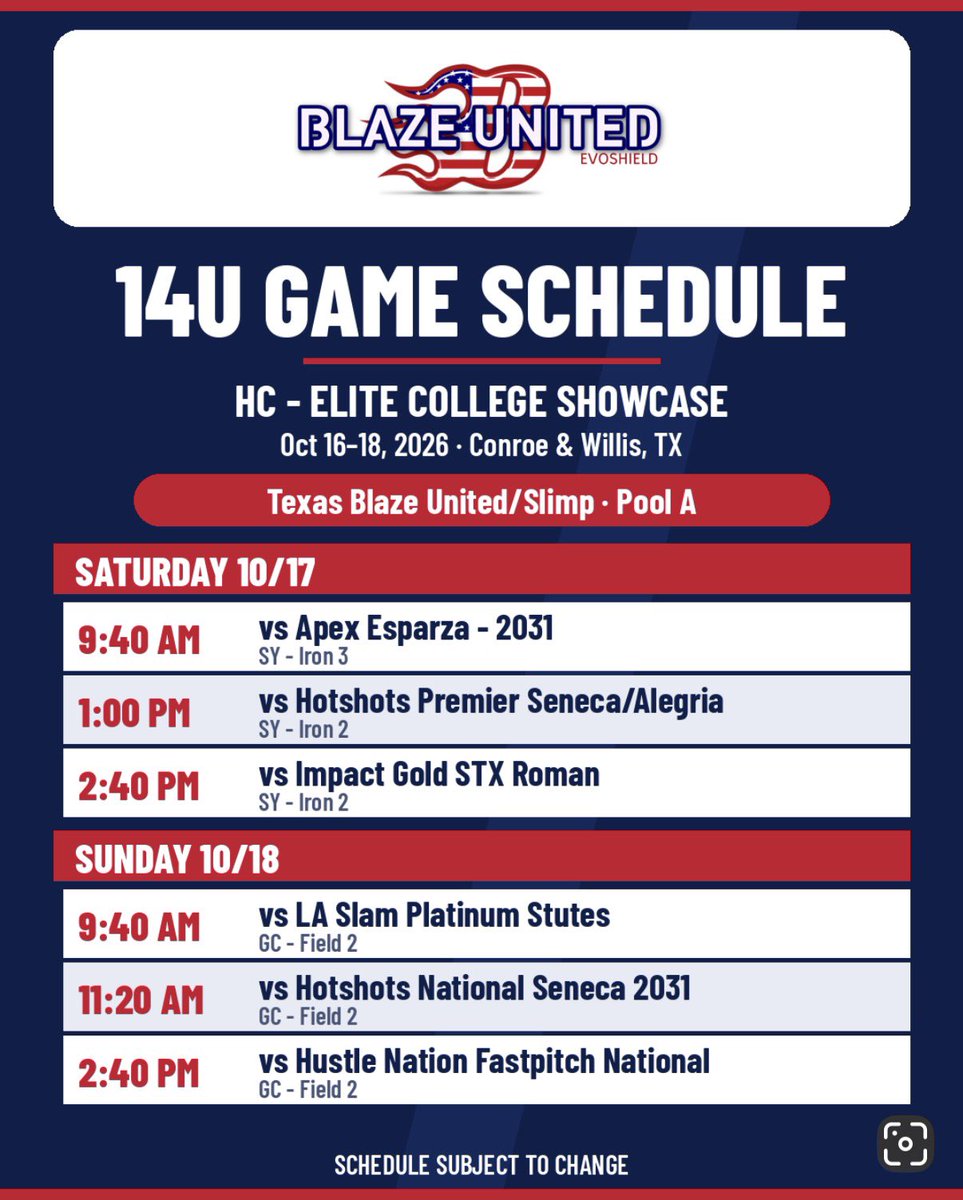 HannahSext1186's tweet photo. SO excited to finally play in our first tournament!! Come out to see us compete!❤️🤍@blazeunited14 @JHS_WarriorSB @LSU_SandraMoton @CoachNealPT @BaylorSoftball @BUMoore @CoachJenFuller @BearkatsSB https://t.co/0P3VZhxH3P