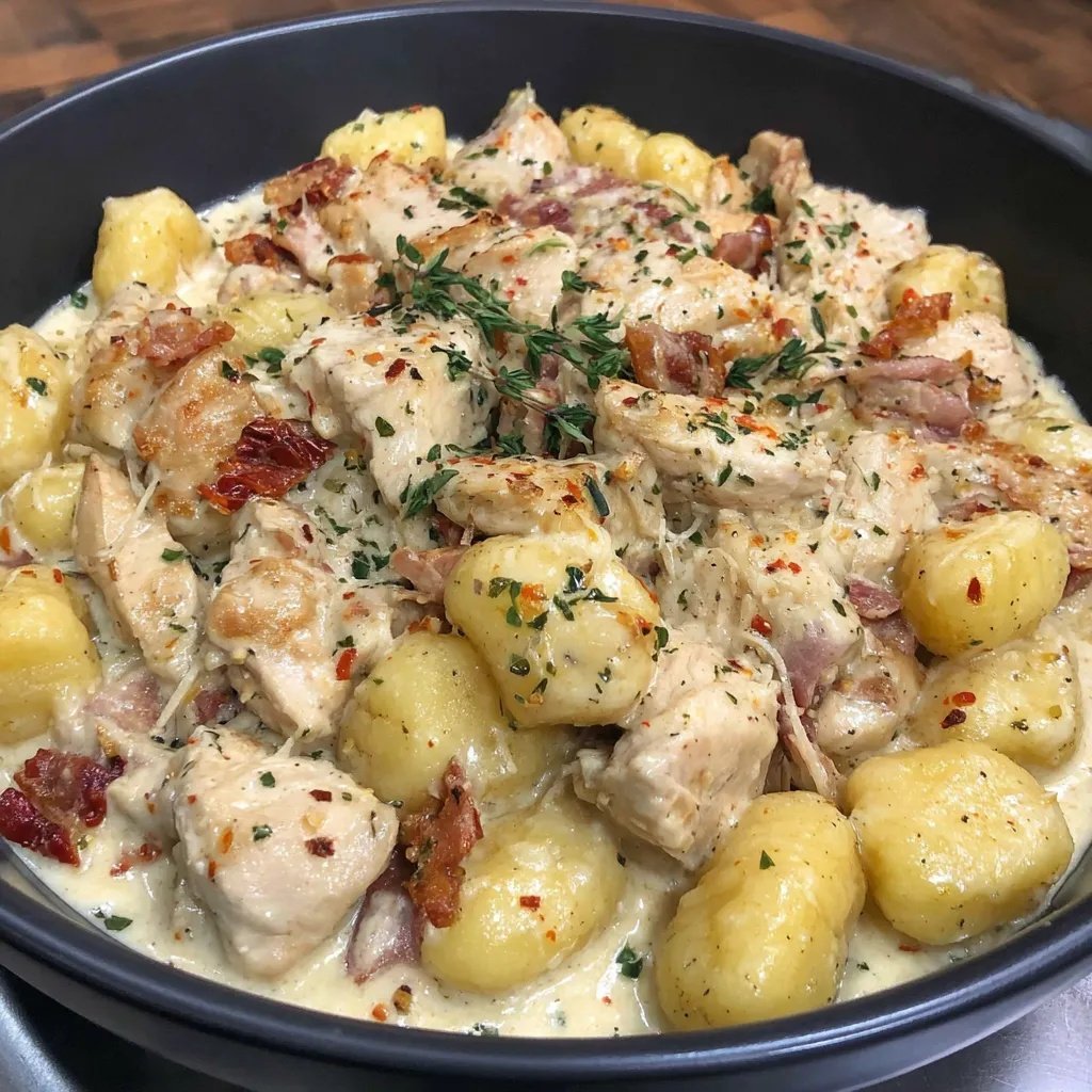 WhatsCookings's tweet photo. Creamy Chicken Gnocchi Pan

Ingredients:
- 2 large chicken breasts, cut into cubes
- 1/2 cup all-purpose flour
- 1/2 teaspoon salt
- 1/2 teaspoon black pepper
- 1/2 teaspoon paprika
- 1/2 teaspoon garlic powder
- 2 tablespoons olive oil
- 2 tablespoons butter
- 2 tablespoons minced garlic
- 1 cup chicken broth
- 1 cup heavy cream
- 1 cup grated Parmesan cheese
- 1/2 teaspoon dried oregano
- 1/2 teaspoon dried thyme
- 1/2 teaspoon red pepper flakes
- 1/3 cup chopped sun-dried tomatoes
- 1 package gnocchi

Instructions:
1. Prepare Seasoning Mixture: Mix together flour, salt, pepper, garlic powder, and paprika.
2. Dredge Chicken: Coat chicken breast cubes with the flour and seasoning mixture.
3. Cook Chicken: Heat olive oil and butter in a skillet over medium-high heat. Cook the chicken for 4-5 minutes on each side until golden brown and an internal temperature of 165°F is reached. Remove and set aside.
4. Prepare Sauce: Add minced garlic, chicken broth, heavy cream, and Parmesan cheese to the skillet. Stir continuously until combined.
5. Add Seasonings: Stir in sun-dried tomatoes, red pepper flakes, oregano, and thyme. Simmer over medium-low heat.
6. Cook Gnocchi: Add the package of gnocchi to the skillet. Cover and cook for 2-3 minutes or until tender.
7. Combine and Serve: Once the gnocchi is cooked, return the chicken to the skillet, stir to combine, and serve warm.
