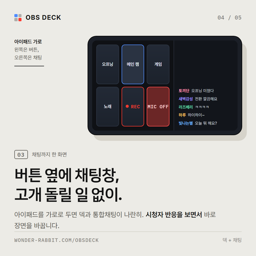 WDRB_ICETEA's tweet photo. 쓰던 아이패드·휴대폰이 OBS 스트림덱이 됩니다.

장면 전환, 녹화·송출, 음소거, 채팅 확인까지 손끝으로. 새 장비도, 앱 결제도, OBS 플러그인도 필요 없어요.

무료 프로그램 OBS Deck
https://t.co/H5umpa8XZ6

#OBS #스트리머 #방송장비 https://t.co/xkMpJdNow4