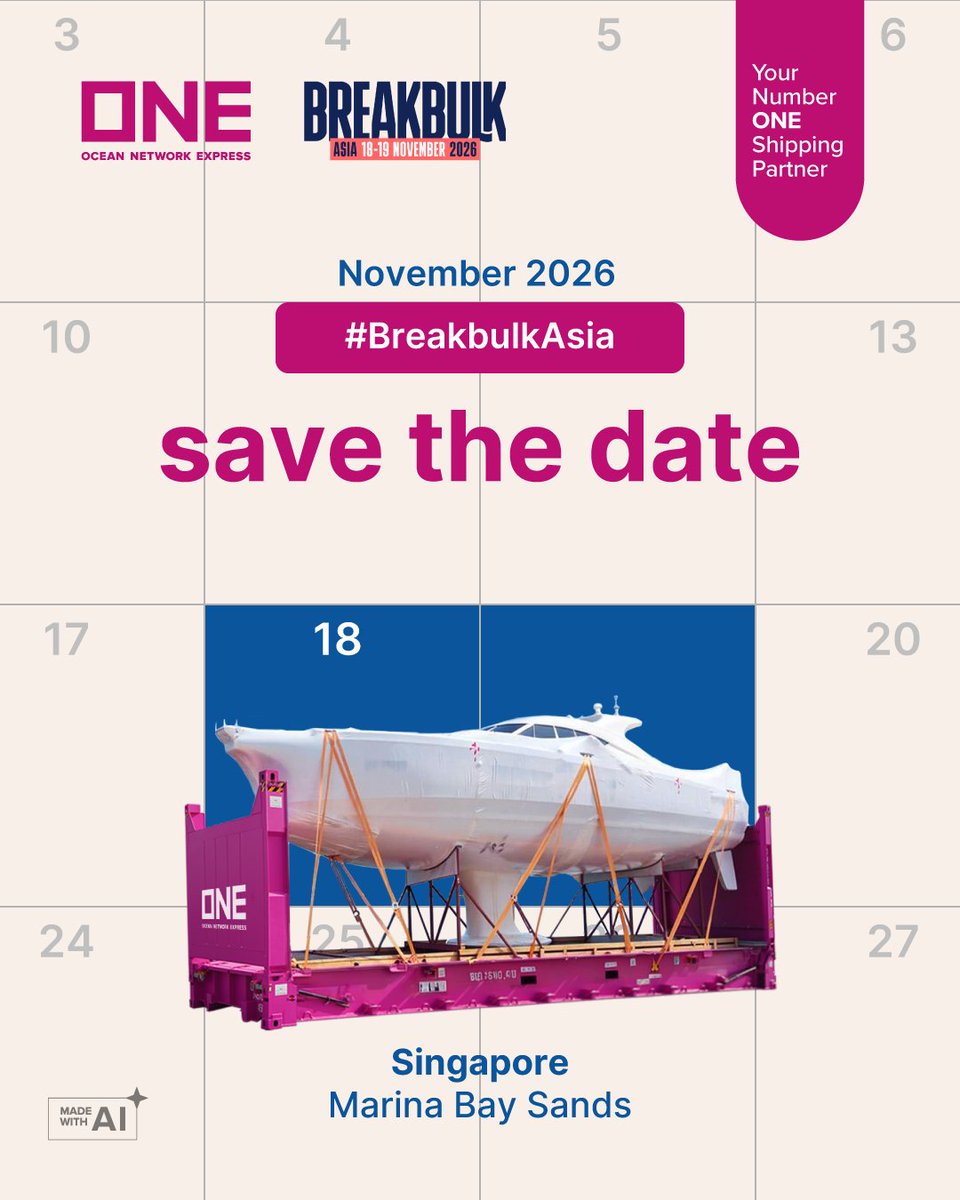 OceanNetworkExp's tweet photo. Save the date! Meet ONE at Breakbulk Asia 2026 in Singapore.

Discover how Ocean Network Express (ONE) delivers innovative shipping solutions for specialized and oversized cargo, helping to move your business forward.

📅 18–19 November 2026
📍 Marina Bay Sands, Singapore
🏢 Hall B, Booth F31

Connect with our experts, explore our specialized cargo solutions, and discover how ONE can support your next project.

Read more on: https://t.co/ceOw6deRTD

#DeliverBeyond #OceanNetworkExpress #YourNumberONEShippingPartner #BreakbulkAsia #ProjectCargo