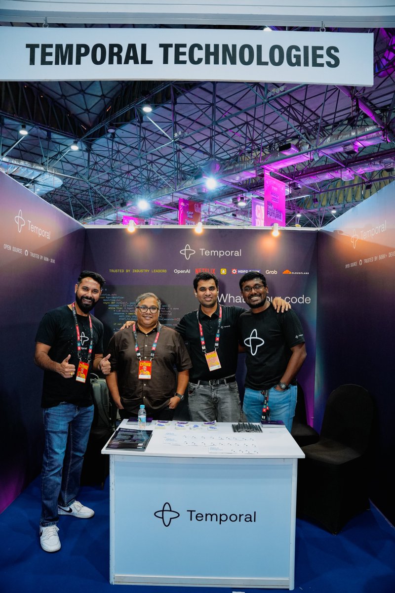 temporalio's tweet photo. Bengaluru showed up with the hard questions at Cypher ’26, and we loved it.

Across three days of booth conversations and whiteboarding, we dug into what it takes to make AI agents reliable in production. Then @TrainWitShubham brought it to the stage with “Crash. Resume. Repeat.”

Thanks to everybody who stopped by our booth.