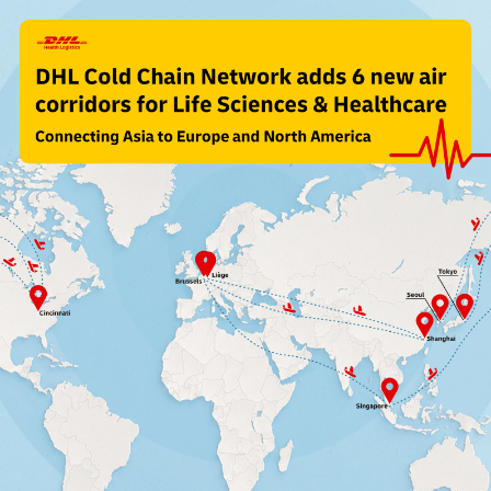 ColdPlatform's tweet photo. DHL adds six healthcare air corridors linking Europe and the US to Asia:

Liège–Shanghai, Brussels–Shanghai, Brussels–Singapore, Cincinnati–Singapore, Cincinnati–Tokyo Narita and Cincinnati–Seoul Incheon.

Read more: https://t.co/HnZzjHpiea https://t.co/zsqP47Z823