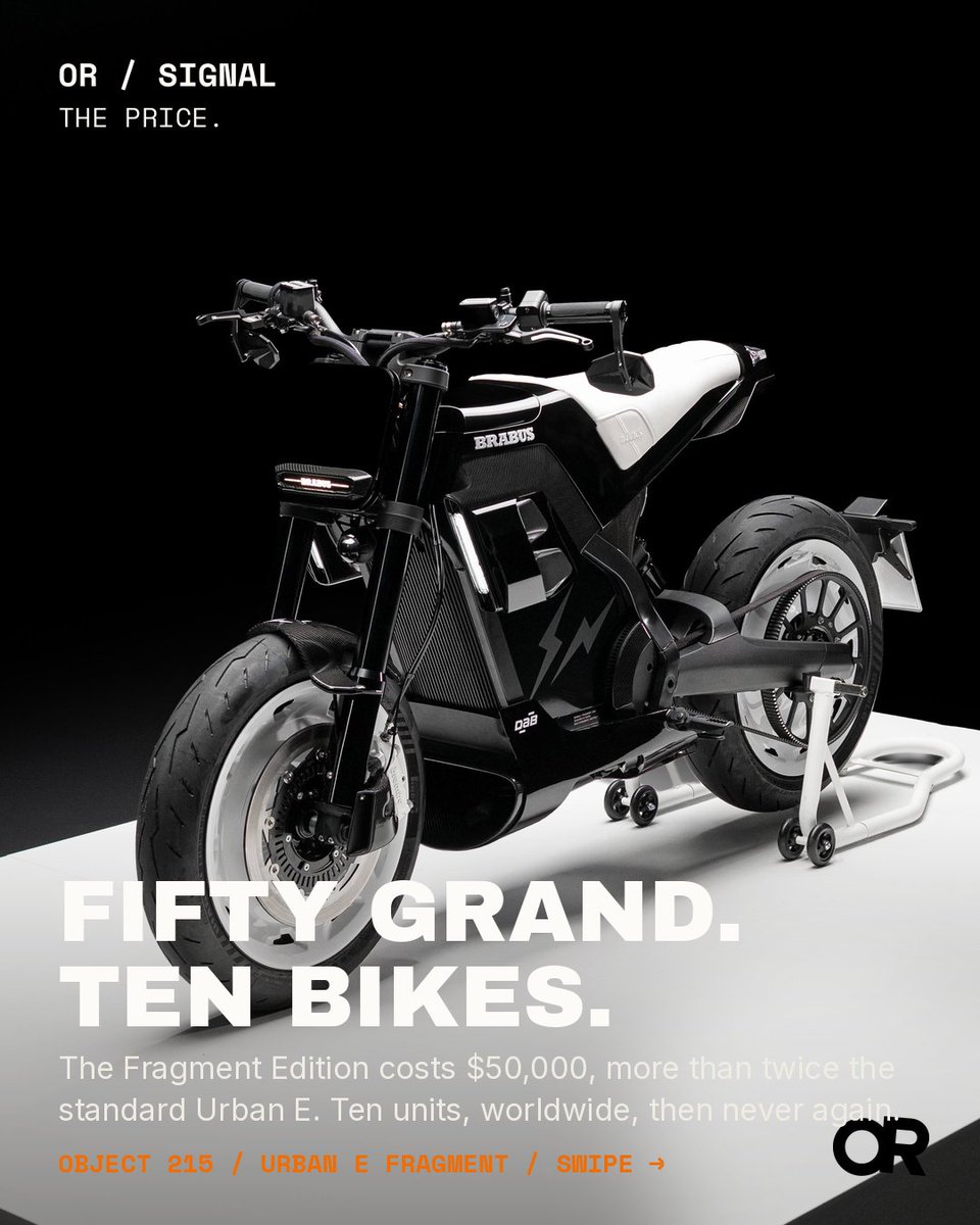 objectreport's tweet photo. @brabus handed the Urban E to Hiroshi Fujiwara and @fujiwarahiroshi went full monochrome. The Urban E Fragment Edition is a ten unit, $50,000 electric motorcycle: black bodywork, 23 exposed carbon parts, white carbon wheel covers, white Brembos and a white Masterpiece seat with https://t.co/6XOML2P2vN
