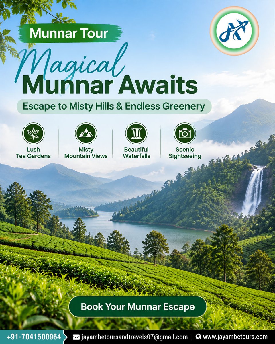miimisvirtuosa's tweet photo. Magical Munnar awaits: misty mountains, lush tea gardens, stunning waterfalls and scenic views. Plan a peaceful, refreshing getaway with Jay Ambe Tours &amp; Travels. Call +91-7041500964 https://t.co/MGCT8pMwnS