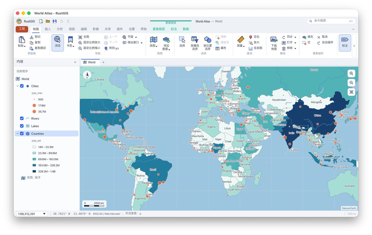 huihoo's tweet photo. GIS 世界的 Rust 重构也来了，Web 堪称 ArcGIS Pro 浏览器版
https://t.co/t8aLiOm7Cj
也支持在 Windows、macOS 和 Linux 上桌面运行
https://t.co/WeAbkrZaMp

图为：RustGIS 运行在 MacBook Neo
每个操作对应一条命令，也可以在命令行中运行
316 个功能区功能就相应有 316 条 RustGIS 命令
示例数据  Natural Earth 公有领域，RustGIS 采用 Apache v2 许可证