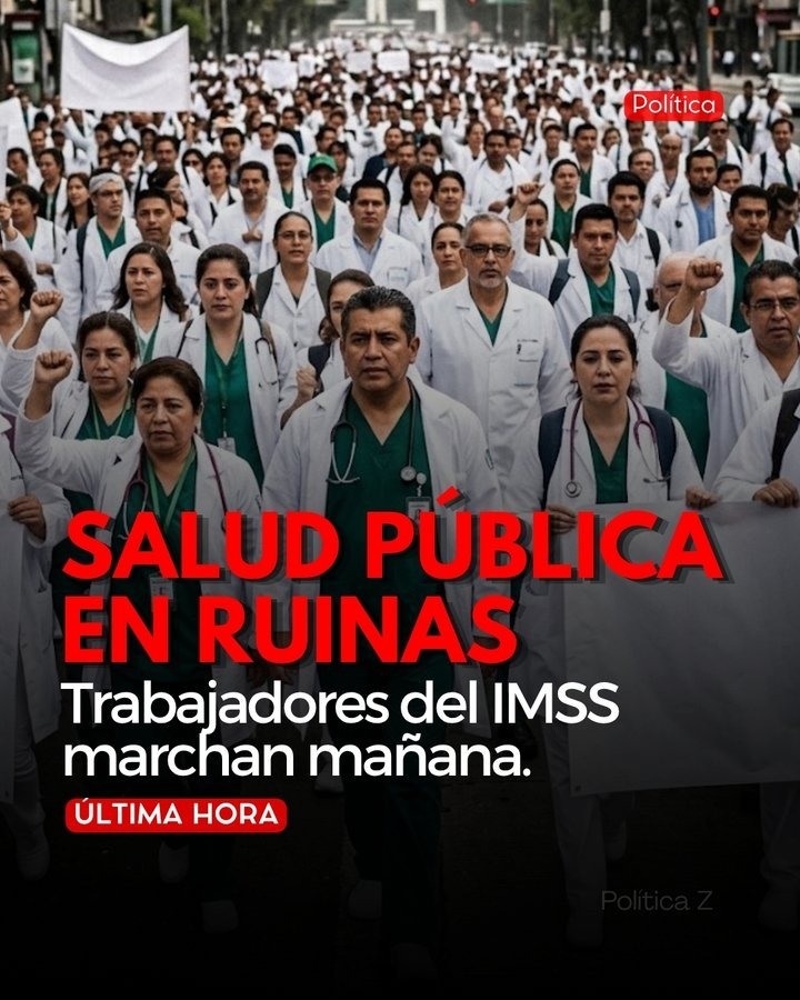 GARCIPAVON's tweet photo. No se confundan, se adelanta para mañana 13 la Mega Marcha Nacional a las 15:00 pm, que inicia en el Centro Médico Nacional S. XXI que convoca el sector salud a todos los demás sectores, para denunciar la falta de personal, de medicamentos e insumos en las clínicas y hospitales de la institución. Además de que se unirán a la exigencia de un mayor incremento salarial.
Mientras que el 14 de octubre, trabajadores sindicalizados convocaron a una asamblea para someter a votación una propuesta de aumento salarial de 6.8 %, así como, la destitución del secretario general del Sindicato Nacional de Trabajadores del Seguro Social, Rafael Olivos Hernández, y la realización de un Congreso Nacional Extraordinario para elegir una nueva dirigencia *(El Economista)