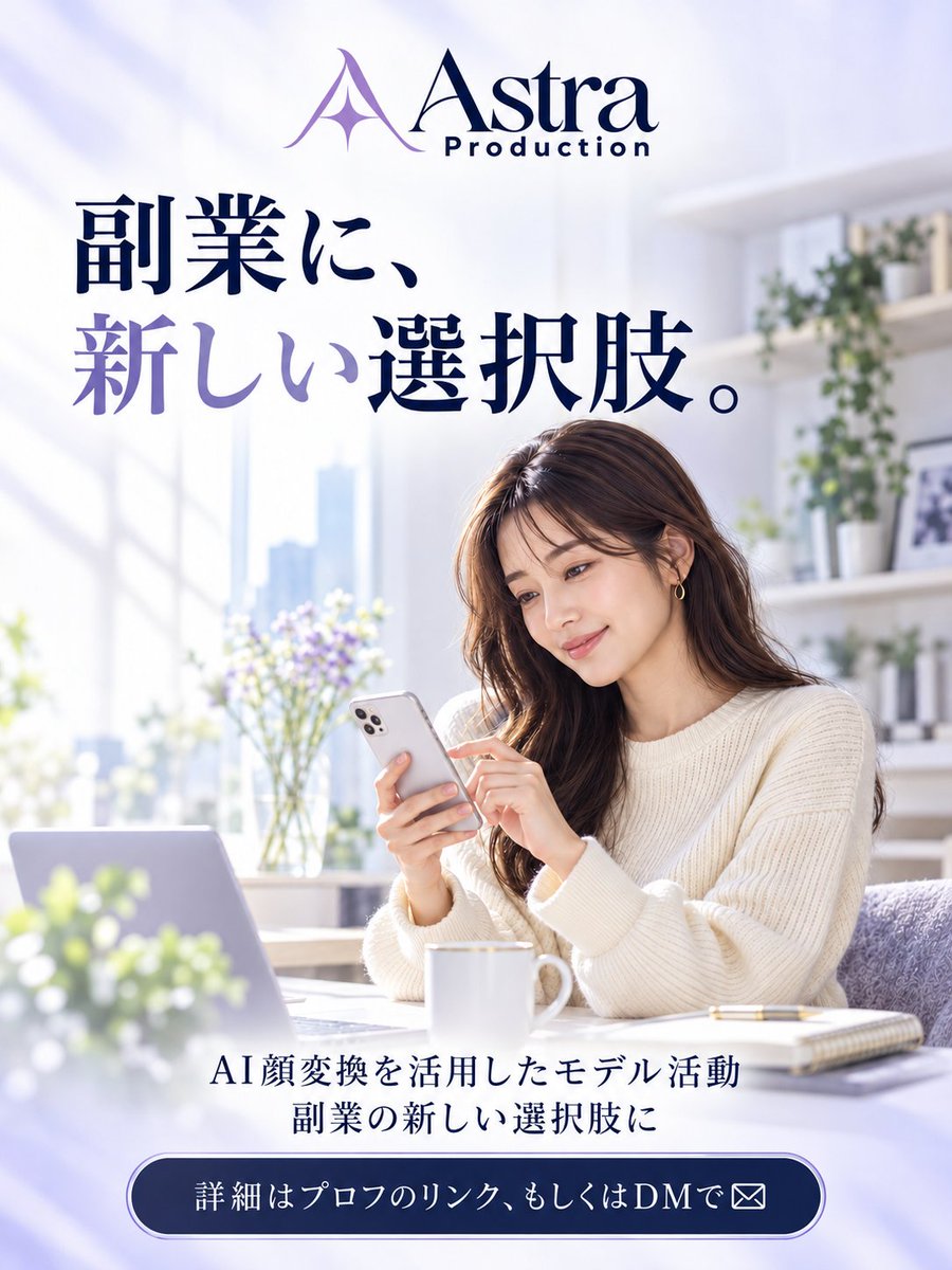 astra_product's tweet photo. 副業を探している方へ。
AI顔変換を活用したモデル活動という選択肢があります。

AI顔変換を活用した活動の詳細は固定ポストから👉

#副業 #モデル #個撮 https://t.co/73CNyiy2HC
