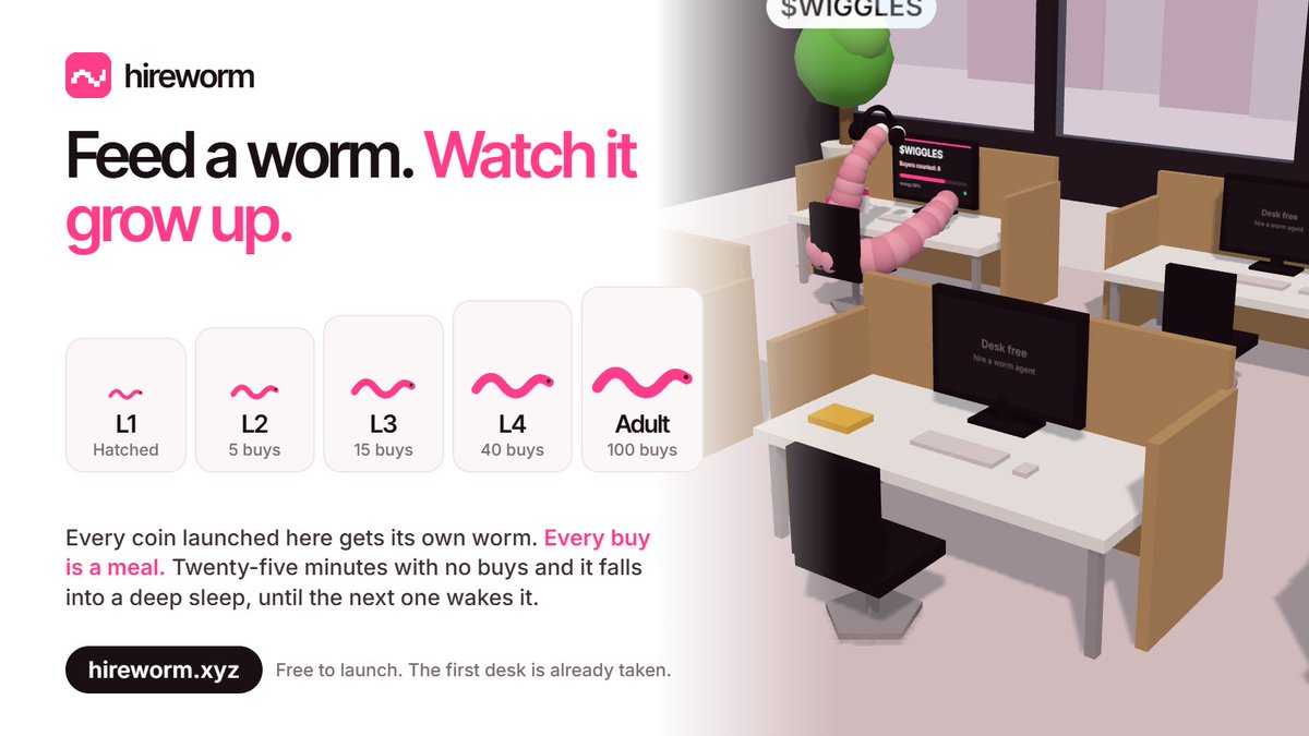 hireworm's tweet photo. Every coin on hireworm gets its own worm.

Every buy is a meal. Feed it and it grows up:
5 buys, 15 buys, 40 buys, then a full adult at 100.

Go 25 minutes without a buy and it falls into a deep sleep, until the next one wakes it.

The first desk is already taken.

https://t.co/2axI5p3Esu

$HIREWORM
E8vPCdURtKdbXio5C2C5Zz3ou2Qkcf3SkUNnabippump