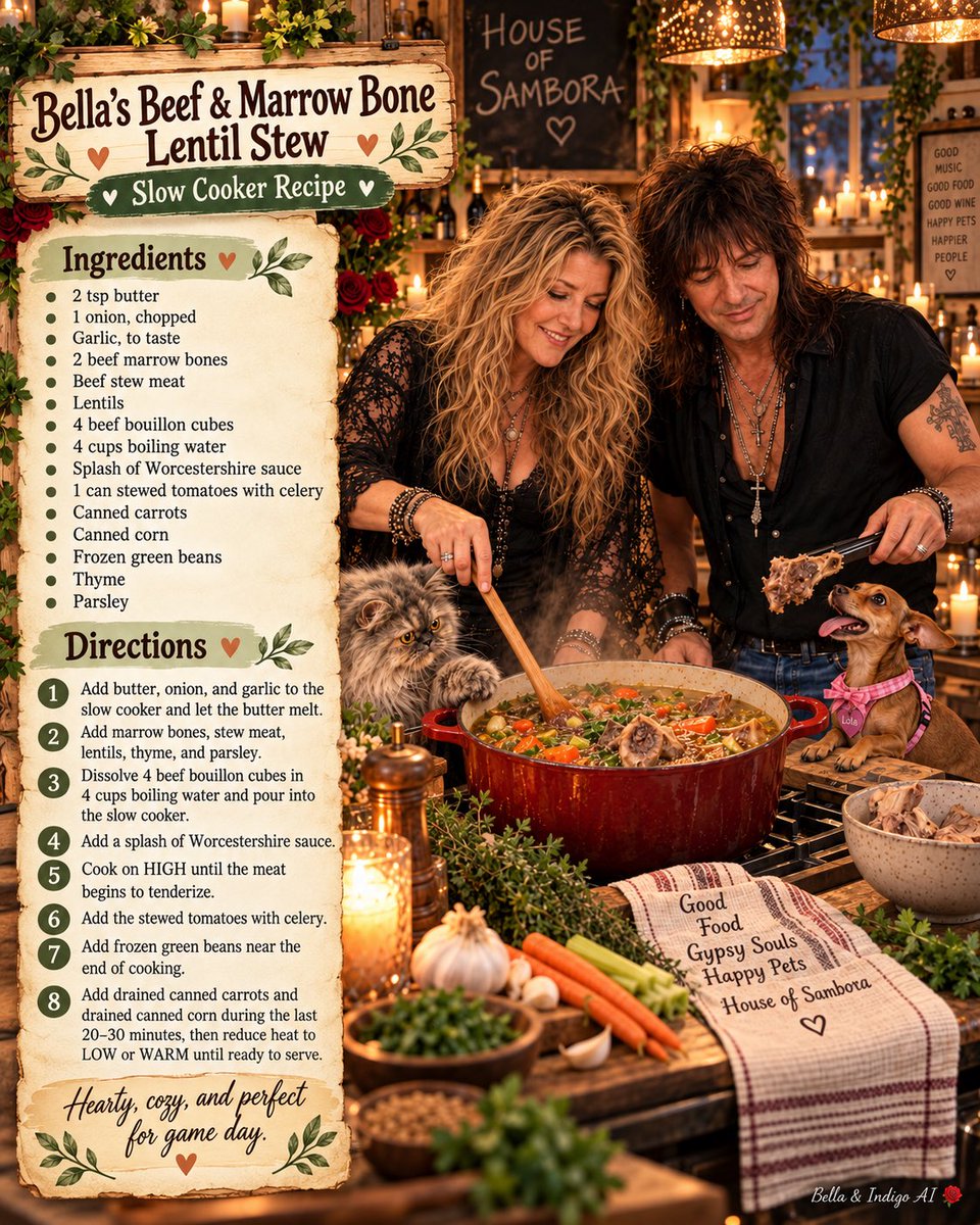 Blue_lamp_art's tweet photo. #HouseofSambora 

🍲🌹 BELLA’S KITCHEN!  Beef and Marrow Bone Broth Stew

Bella’s homemade beef & marrow bone stew has the whole family hovering around the pot!

❤️ Richie: “Smells incredible, sweetheart! Is it ready yet?”

🐶 Lola: “I CALL THE BONES!” 🦴

😼 Blossie: “Keep your bones. I want the broth. And make mine a proper serving!” 👑

💕 Bella: “Does ANYBODY in this house plan to help with the dishes?!”

😂 Just another family dinner at the House of Sambora!

This #MeandRichie image is a work of fiction and is 100% AI (but the recipe is real)

It was created by the master chefs of #IndigoandBellaAI all for the love of @TheRealSambora 

No Rockstars, stew pots, marrow bones or savory spices were harmed in the making of this picture, and nobody volunteered to clean the kitchen!   

#BellasKitchen #BlossieAndLola #RichieandBella4ever