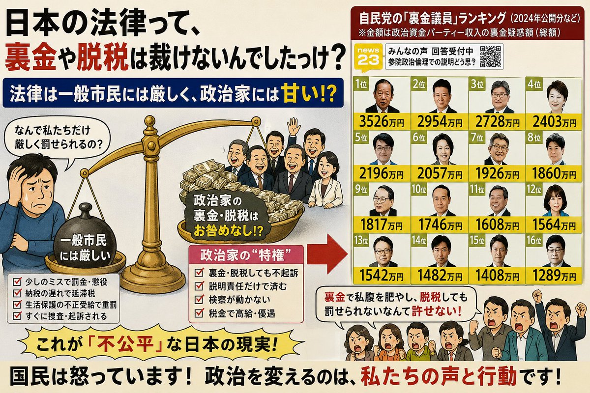 nemoto_ryosuke2's tweet photo. 日本の法律は裏金議員は裁けないのですか？諸外国ならこいつらはとっくに豚箱に行っていて、そのバッシングで自民党は崩壊しているはずなんだよ。なのに日本ではこいつらが大臣にまで起用されて、こいつらを大臣に指名しやがった高市が316議席も持っている。終わりだよこの国。国民がバカすぎんだよ。 https://t.co/qXnYy6JNzy