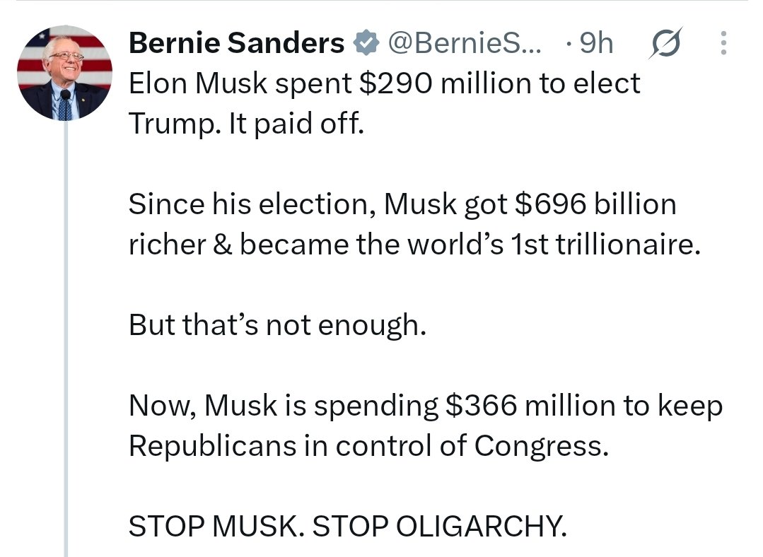 RShivshankar's tweet photo. AMERICAN SENATOR BERNIE SANDERS SHOWS MUSK THE MIRROR. 

Sanders a "democratic socialist" is no friend of Modi, he's been in fact hyper critical but he has called out Musk on his "OLIGARCHY" tirade. https://t.co/UzVCZ1acKu