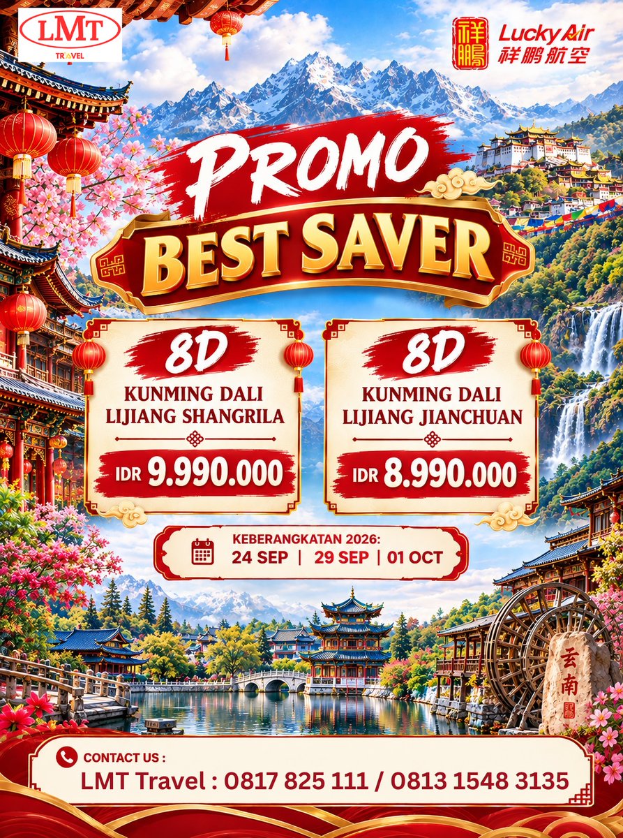 chris_jacksoner's tweet photo. Liburan ke Yunan harga promo. Jelajahi Kunming, Dali, Lijiang, hingga Shangrila dalam 8 hari mulai Rp8. 990. 000. Keberangkatan 24 Sep, 29 Sep, atau 1 Okt 2026. Reservasi: 0817 825 111 / 0813 1548 3135 https://t.co/Rzt7HoZEqe