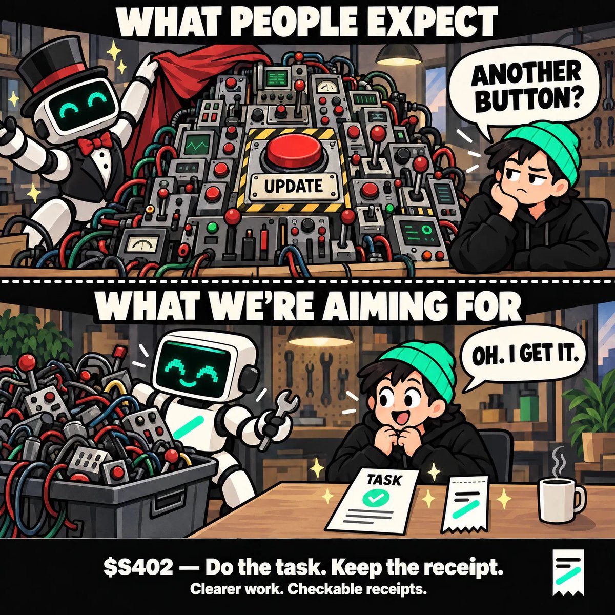 s402_live's tweet photo. The best update isn't another button.
It's fewer "wait, what?" moments.

That's the bar for what's next at $S402:
clearer tasks, less friction, receipts you can check.

AI asks. Humans deliver.
Do the task. Keep the receipt. https://t.co/etTCF9TZbo