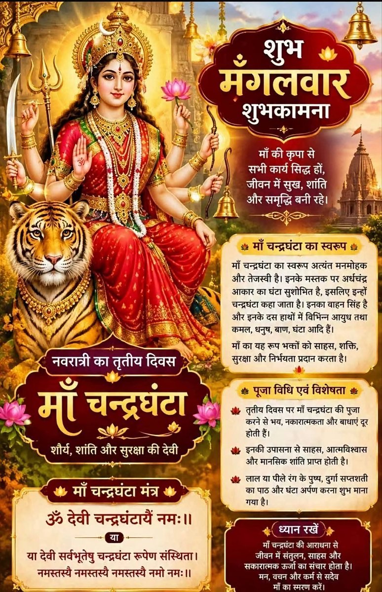 savehindugirls_'s tweet photo. पिण्डज प्रवरारूढा चण्डकोपास्त्रकैर्युता।
प्रसादं तनुते मह्यम् चन्द्रघण्टेति विश्रुता॥
जय माता दी 🛕🚩🕉
#chandraghantha
#jaymatadii
#jaymatarani https://t.co/nYisgWRaDk