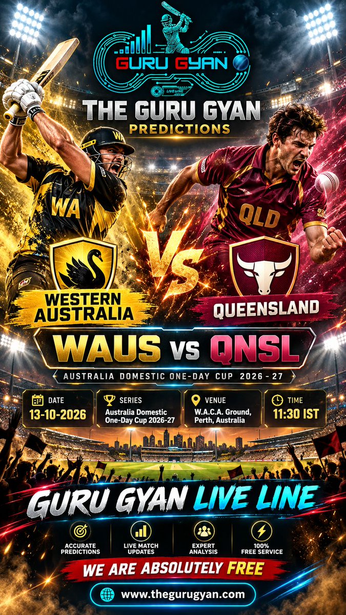 TheGuruGyanAI's tweet photo. Get Ready for #AustraliaDomesticOneDayCup202627 Match
#WesternAustralia vs #Queensland
TODAY at 11:30
Live Score & FREE Predictions:
https://t.co/2XrFy0Jvot
#TheGuruGyan #LiveLine #FreeCricketPredictions #WAUS #QNSL
Read full article: https://t.co/2XrFy0Jvot https://t.co/owegve23Us