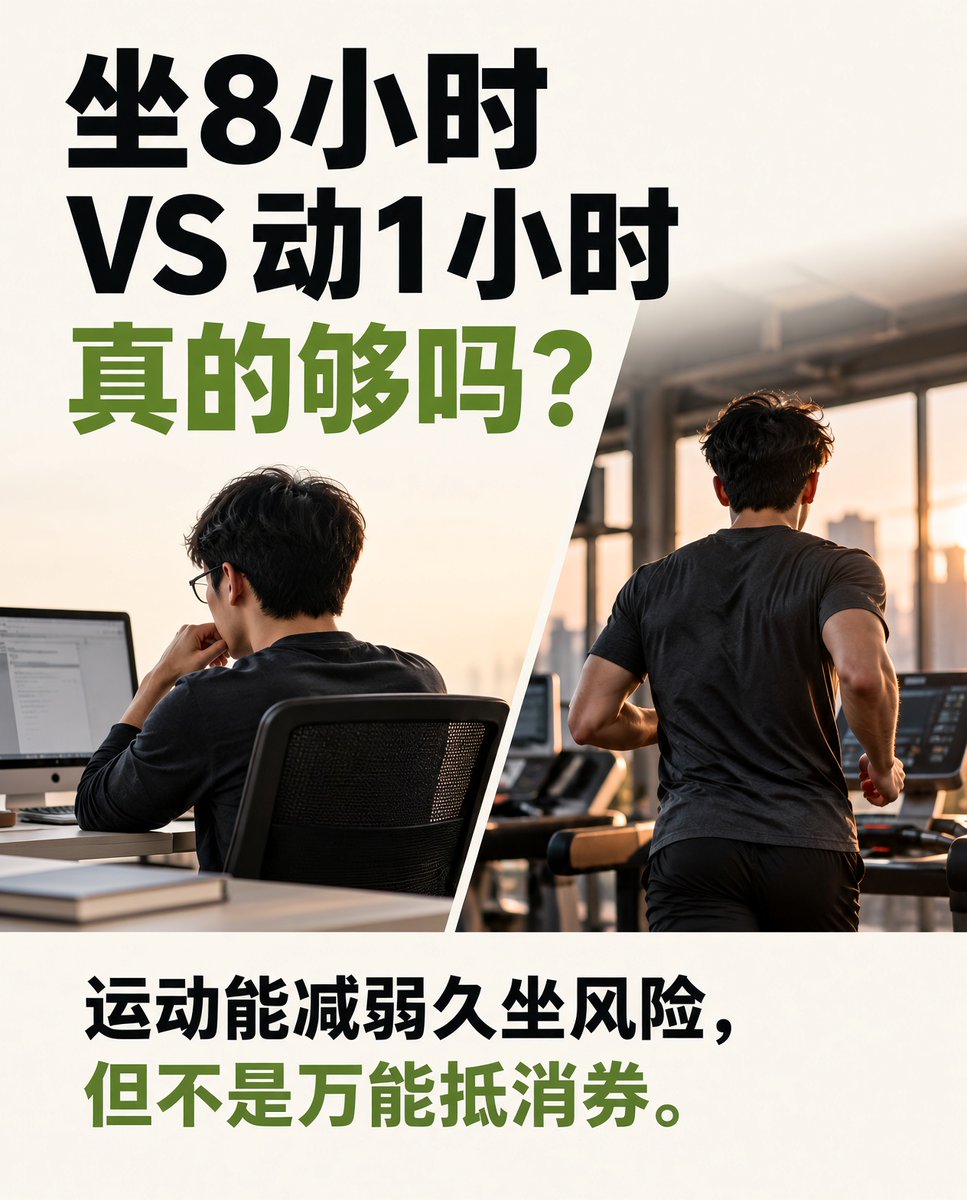 nicklzykop's tweet photo. 白天坐8小时，晚上健身1小时，能对冲回来吗？

不知道大家有没有这种感觉。每天上班，除了吃饭、接水、上厕所，基本都坐在电脑前。好不容易下班，再去健身房练一个小时，练完一身汗，心里多少有点安慰：至少今天运动了。

但我一直好奇：白天坐那么久，晚上练这一小时，到底能不能补回来？

最近翻了几篇关于久坐和运动的研究，发现答案没有想象中那么简单。

先说一个容易忽略的点：经常健身的人，也可能是久坐的人。每天认真训练一小时，但其他时间几乎都在坐着。运动量够不够，和一天坐了多久，其实是两回事。

那这段运动到底有没有用？当然有，而且可能比很多人想的更有用。

2016年《柳叶刀》一项涉及超过100万人的研究分析发现，身体活动水平较高的人群中，即使每天坐着超过8小时，也没有观察到明显升高的死亡风险。不过这些人的活动量并不低，大致相当于每天60–75分钟中等强度运动。

2020年另一项涉及4.4万多人的研究又发现，每天约30–40分钟中高强度身体活动，就能明显减弱久坐时间与死亡风险之间的关联。

没必要纠结到底是30分钟还是60分钟。两项研究的对象、测量方式和统计方法都不一样，研究中的时间也不是一条神奇的分界线，不是练够了就万事大吉，少一分钟就白练。

更值得关注的是，两项研究都发现，身体活动水平较高的人，久坐与死亡风险之间的关联会减弱。但这也不等于运动可以抵消久坐带来的所有健康影响。

今年《柳叶刀》又发表了一项相关研究。这次研究人员关注的问题更贴近普通人：如果没时间每天健身，只能多活动几分钟，有意义吗？

他们利用长期追踪数据建立模型，估计增加运动、减少久坐可能带来的健康收益。结果发现，对于原本运动不足的人来说，每天多增加5分钟中高强度活动，也可能带来一定的健康收益；少坐半小时，同样可能会带来帮助。

当然，这不是让参与者每天多运动5分钟后直接观察到他们寿命变长的实验，研究结果属于统计估计，不能当成对每个人的保证。

但我觉得，这至少提醒了我们一件事：运动不一定非得从完整的一小时开始，尤其是上班族。如果已经有规律训练的习惯，那当然很好，继续保持；但平时上班，也可以顺手多活动一点，比如接水的时候走远一点、午饭后出去转转、坐久了起来活动几分钟。

这些事听起来很普通，也没有什么值得发朋友圈的训练成绩，但健康本来就不只发生在健身房里。

我现在越来越觉得，没必要把健身当成对白天久坐的一种补偿。不是今天坐了8小时、晚上练1小时，就能把所有影响一笔勾销；反过来，也不是今天没时间去健身房，走几步路就毫无意义。

比起纠结能不能把久坐“抵消”，不如想想：除了训练的那一个小时，我们还能不能让自己多动一点？

你们平时上班，会不会一坐就是几个小时？

⸻

参考研究

Ekelund et al. (2016). The Lancet. DOI: 10.1016/S0140-6736(16)30370-1

Ekelund et al. (2020). British Journal of Sports Medicine. PMID: 33239356

Ekelund et al. (2026). The Lancet. DOI: 10.1016/S0140-6736(25)02219-6

#久坐 #运动科学 #健康