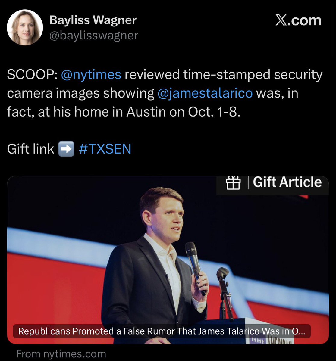 radleftexposed's tweet photo. The NYT is promising they saw camera footage proving James Talarico was at home all last week not trying to off himself in a psych ward.

But they say they can't release the footage to the public.

So you just have to blindly trust the New York Times or blindly trust the Talarico campaign.