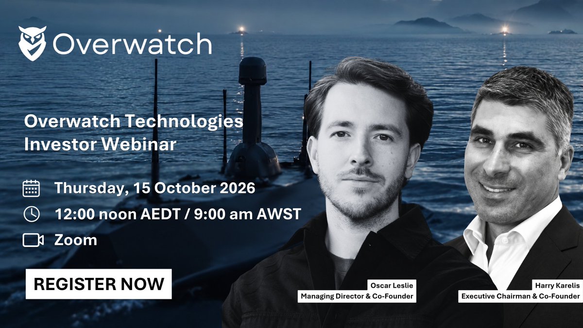 Overwatch_Tech's tweet photo. Overwatch Technologies (ASX:OWL) investor webinar with Harry Karelis and Oscar Leslie.

Discover opportunities in maritime intelligence.

15 Oct | 12pm AEDT / 9am AWST

Register: https://t.co/jIMe4F2RWq https://t.co/NTwQIPLyZY