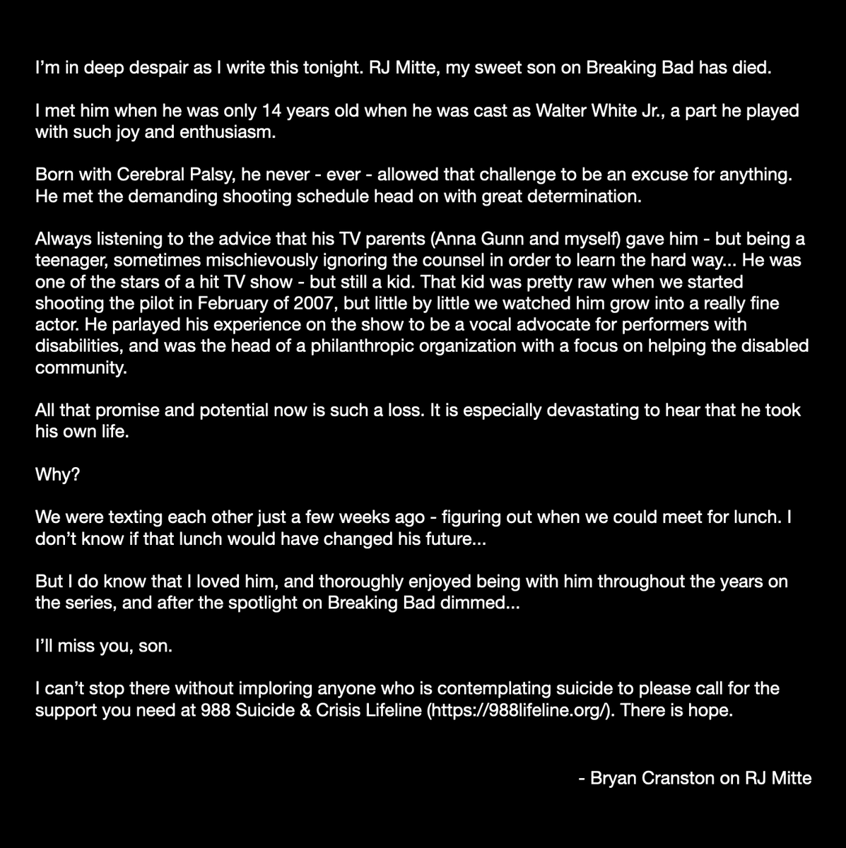 consequence's tweet photo. Bryan Cranston has paid tribute to RJ Mitte: "I'm in deep despair as I write this tonight. RJ Mitte, my sweet son on Breaking Bad has died." https://t.co/DtrNdzuzMe