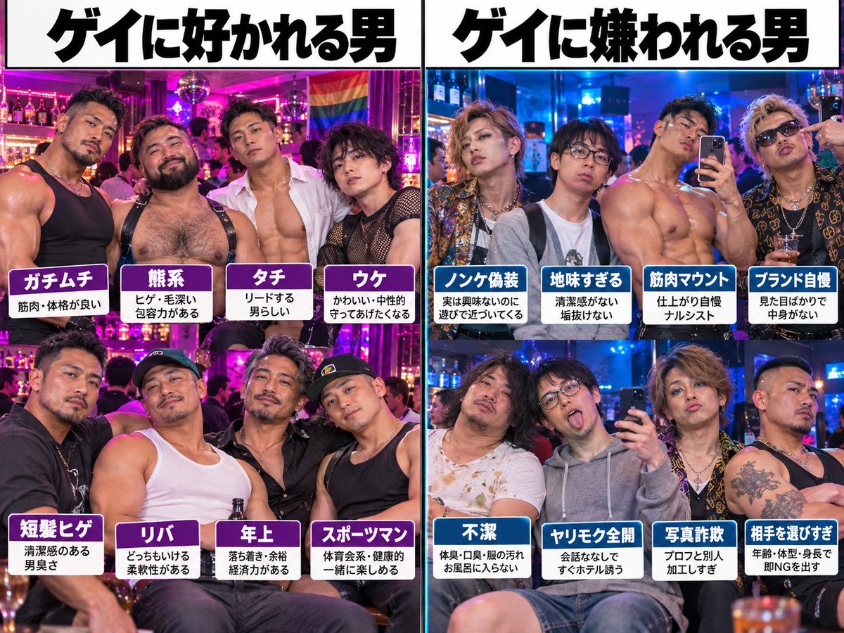madashachiku's tweet photo. ゲイ界隈ではだいたいこんな感じらしい

←ゲイに好かれる男

→ゲイに嫌われる男 https://t.co/AUo3cZenBc
