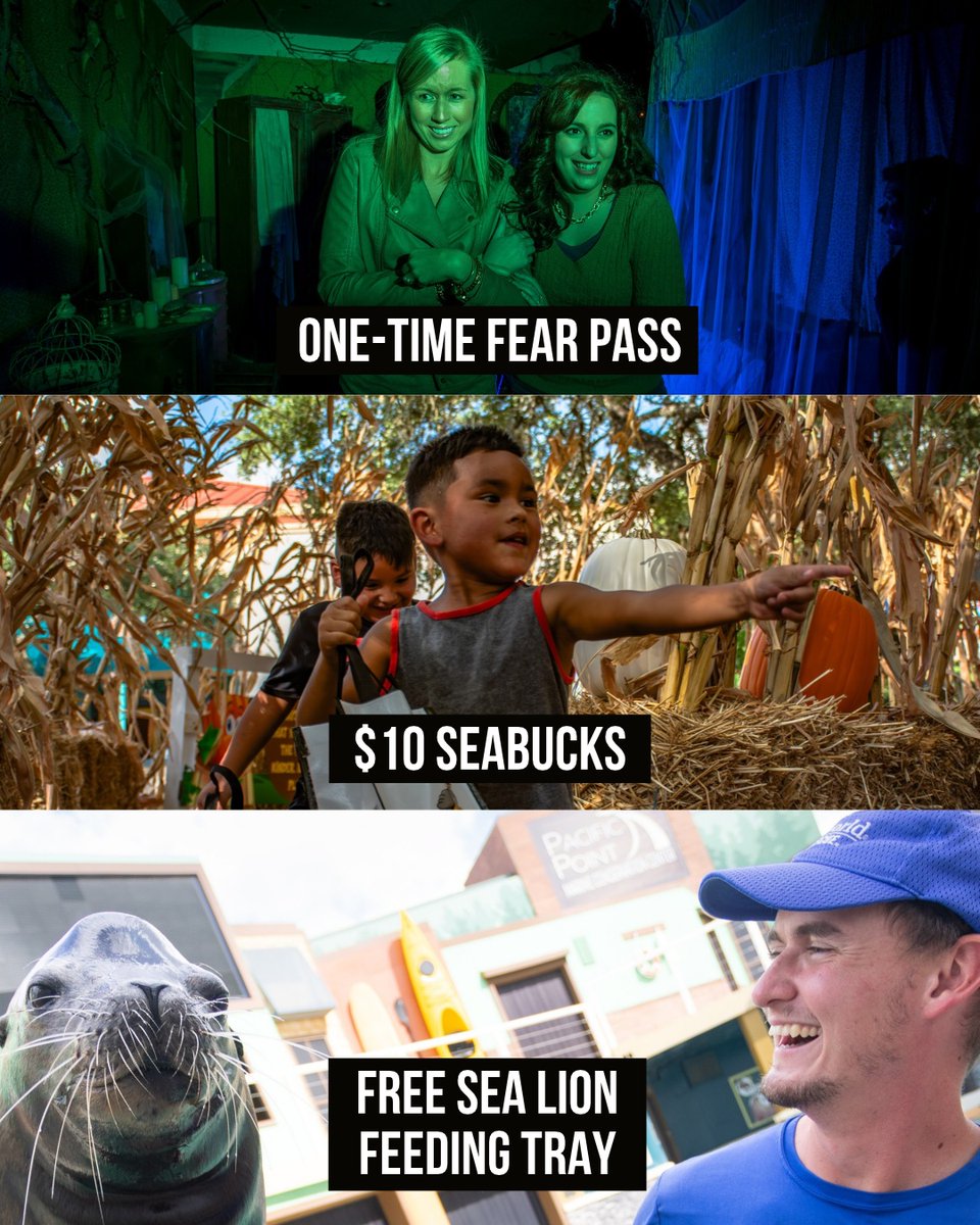 SeaWorldTexas's tweet photo. Pass Members, your exclusive perks are waiting! 👻 

Enjoy a one-time Fear Pass to skip the lines at haunted houses, $10 in SeaBucks to spend through October 18 and a FREE sea lion feeding tray!

Not a Pass Member yet? Join today - https://t.co/hBuWBefwTJ https://t.co/9Ba8DqwTW1