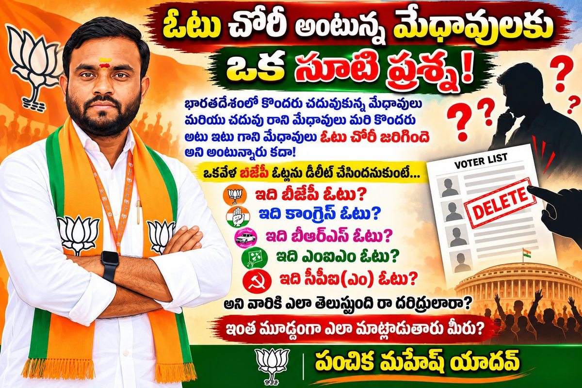 BJPOBCBHPL4's tweet photo. 🔥 ఓటు చోరీ అంటున్న మేధావులకు ఒక సూటి ప్రశ్న! 🔥
భారతదేశంలో ఓటు చోరీ జరిగిందని ఆరోపిస్తున్నవారు ఒక్కసారి ఆలోచించండి!
ఒకవేళ బీజేపీ ఓట్లను తొలగించిందని అంటుంటే ఏది బీజేపీ ఓటు? ఏది కాంగ్రెస్ ఓటు? ఏది బీఆర్‌ఎస్ ఓటు? ఏది ఎంఐఎం ఓటు? ఏది సీపీఐ(ఎం) ఓటు? అని ఎలా గుర్తిస్తారు? ఓటర్స్ ను https://t.co/Gp8gM0PVkW