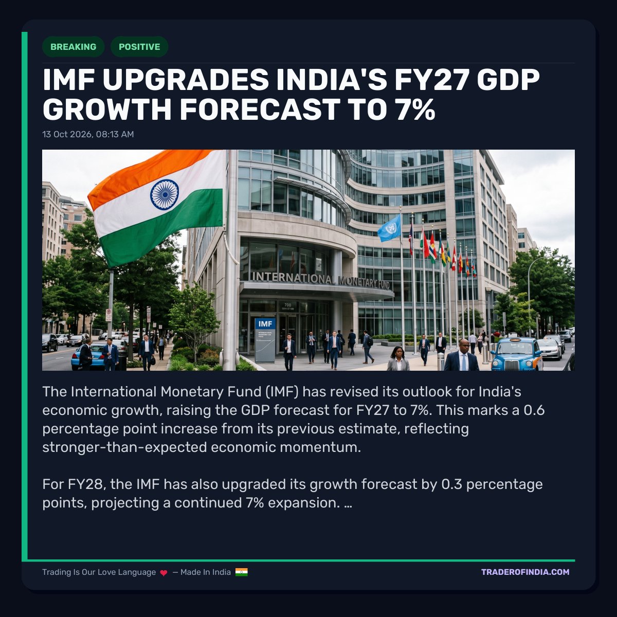 Trader_Of_India's tweet photo. IMF Upgrades India's FY27 GDP Growth Forecast to 7%
#imf #indiagrowth #gdp #economicforecast #emergingmarkets #servicessector #globaleconomy #toi #traderofindia https://t.co/OnyEgKsfYO