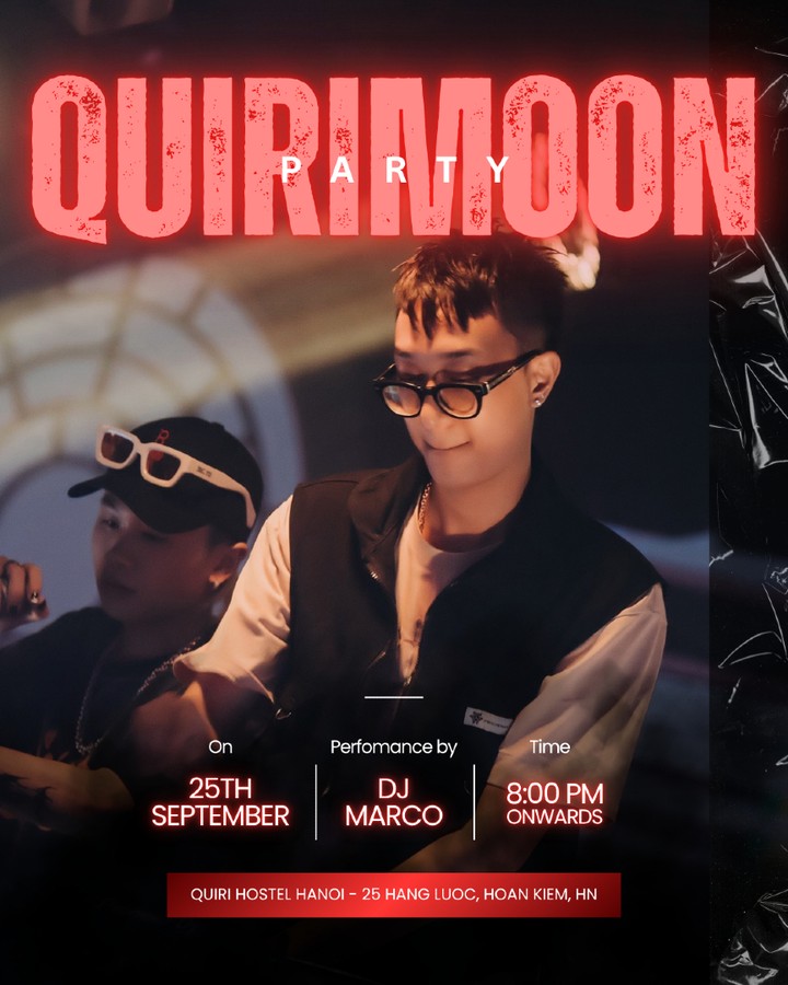 giiiulyy's tweet photo. DJ Marco joins QuiriMoon Party this Friday with Techno and Open Format beats from 8–10 PM. Make lanterns, test your Trung Thu knowledge at QuiriZ, then hit the dance floor at Quiri Hostel Hanoi. https://t.co/JCYgQZtfGy