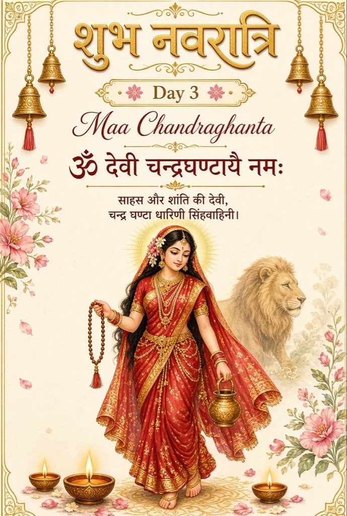 sprahajoshi's tweet photo. ॐ देवी चन्द्रघंटाये नमः 🙏🏻
तृतीय स्वरूप 🚩
On the third day of Navratri we worship the warrior form of Divine Mother✨
Who is gentle like the Moon and powerful like the Lion.
#MaaChandraghanta https://t.co/igwyrqjEDZ