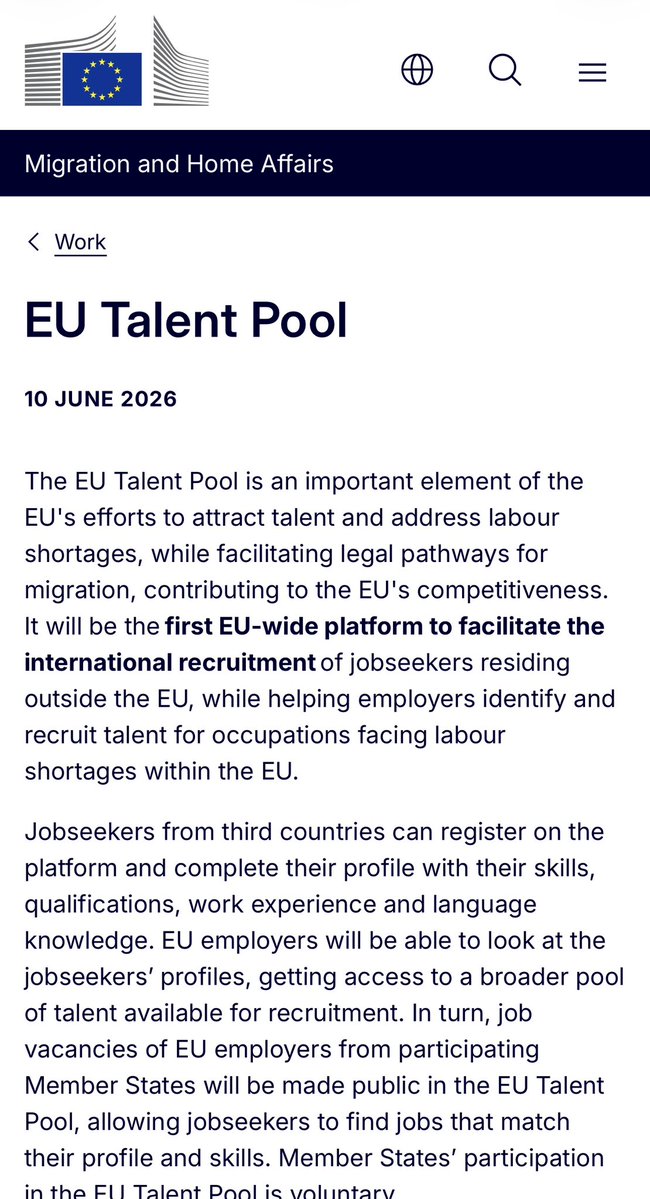 62qoe's tweet photo. 关于欧盟🇪🇺
欧盟正在上线一个类似于简历库（人力银行🏦）的系统，你可以看看人力银行里的各国紧缺技能清单，然后建档上传你的简历，工作经验。
每个国家的大雇主会从简历里面挑人，当然挑中了就会担保你给你发签证。网站页面是这样的，你可以理解为人才池。
理论上不卡专业，国籍，当然你是X上骂曹哥的傻B，很可能不过，价值观欧盟🇪🇺也是看的哦！2027年给我往死里冲！别盯着荷兰、卢森堡、挪威。看看西班牙，法国，德国，真正💰多拿点，也都贡献给额外的开支。

https://t.co/r6Uk1CGwCy