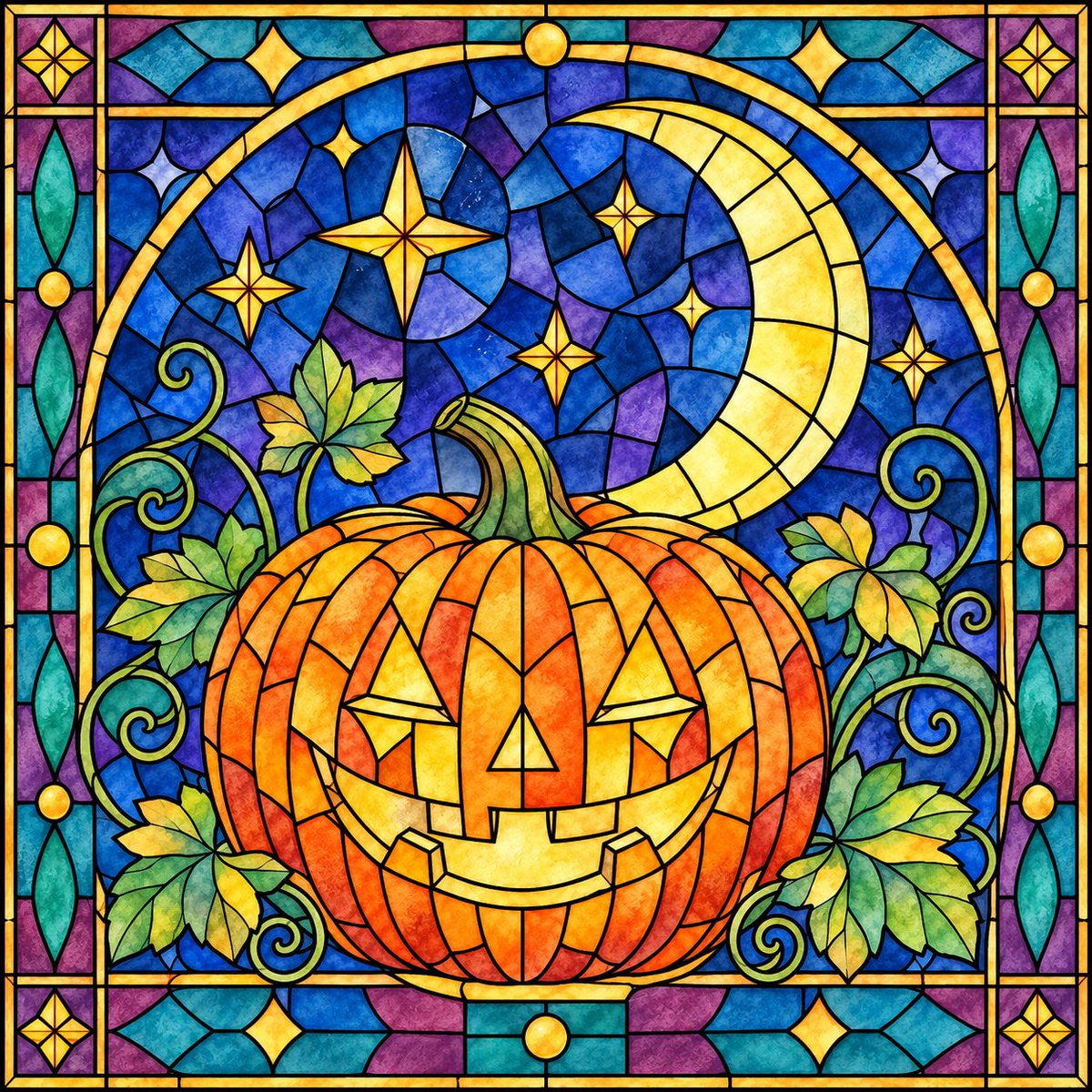 nurie117's tweet photo. ステンドグラス風の、かぼちゃと三日月の線画です🎃

対象：大人／難易度：難 https://t.co/wjWMvYuSUQ