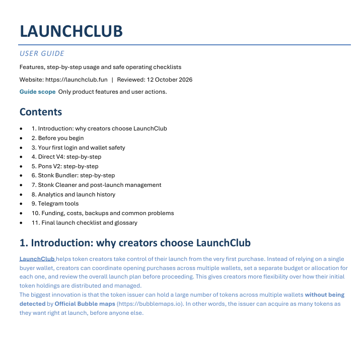 launchclubfun's tweet photo. LaunchClub Update | New User Guides, Product Improvements & What's Next

We'd like to share an important update with everyone using LaunchClub and those who have been following our progress.

Over the past few months, we've been building and releasing tools to make token launches and multi-wallet management more accessible.

Today, our platform offers:

• Direct V4 Launch — Up to 50 first-buy wallets  
• Pons V2 Bundle — Up to 50 opening wallets  
• Stonk Bundle — Up to 23 opening wallets on Solana  
• Pumpfun Cleaner — Unlimited wallets  
• Trading and utility bots — Additional tools for creators and traders

And we're continuing to expand.

One thing we've learned from our users is that powerful tools also need to be easy to understand.

As more people started using LaunchClub, we received valuable feedback. One request came up repeatedly: clearer documentation and step-by-step instructions.

And we agree.

We spent a lot of time developing the platform's capabilities, but we didn't do enough to make every feature easy to understand from day one.

We're addressing that now.

Today, we're officially releasing our LaunchClub User Guide.

The guide is designed for beginners, explaining how to use our tools, navigate the platform, and manage launch workflows without requiring advanced technical knowledge.

https://t.co/sxrkdMXQWl

We've also prepared demonstration videos, available in our official Telegram community.

This is not a one-time release. We'll continue improving the documentation as the platform evolves and as we receive more feedback.

⚠ A note about security ⚠

As LaunchClub grows, we want everyone to stay cautious of impersonators and unofficial links.

Please verify our official channels before connecting wallets or using any crypto-related tools.

🌐 Official Website: https://t.co/IKth48gV4e  
💬 Official Community: https://t.co/9cxBf8LGVx  
👤 Owner Contact: https://t.co/dsk5Fypo9r

We're building LaunchClub for the long term.

Our priority isn't simply to release more products. It's to make the tools we've built more reliable, accessible, and useful for the people who depend on them.

If you've used LaunchClub, we'd genuinely like to hear your experience - including what we need to improve.

Join our community, share your suggestions, or contact us directly.

And follow @launchclubfun here on X to keep up with our latest developments.

Thank you for being part of LaunchClub. We're just getting started.

#LaunchClub #Solana #TokenLaunch