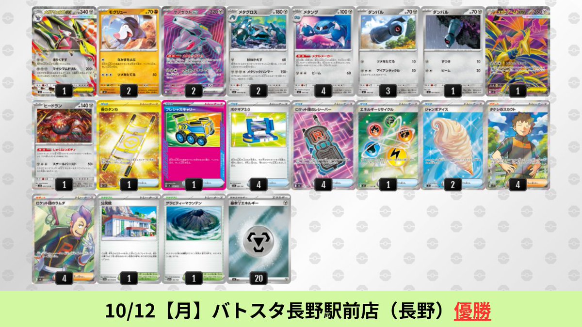 pokeca_book's tweet photo. 10/10【土】～10/12【月】
メガドリュウズexのシティリーグ優勝デッキを掲載しました。

【メガドリュウズex】環境デッキ���シピまとめ https://t.co/WyYFrXDj36 https://t.co/WA1eKE2SIr