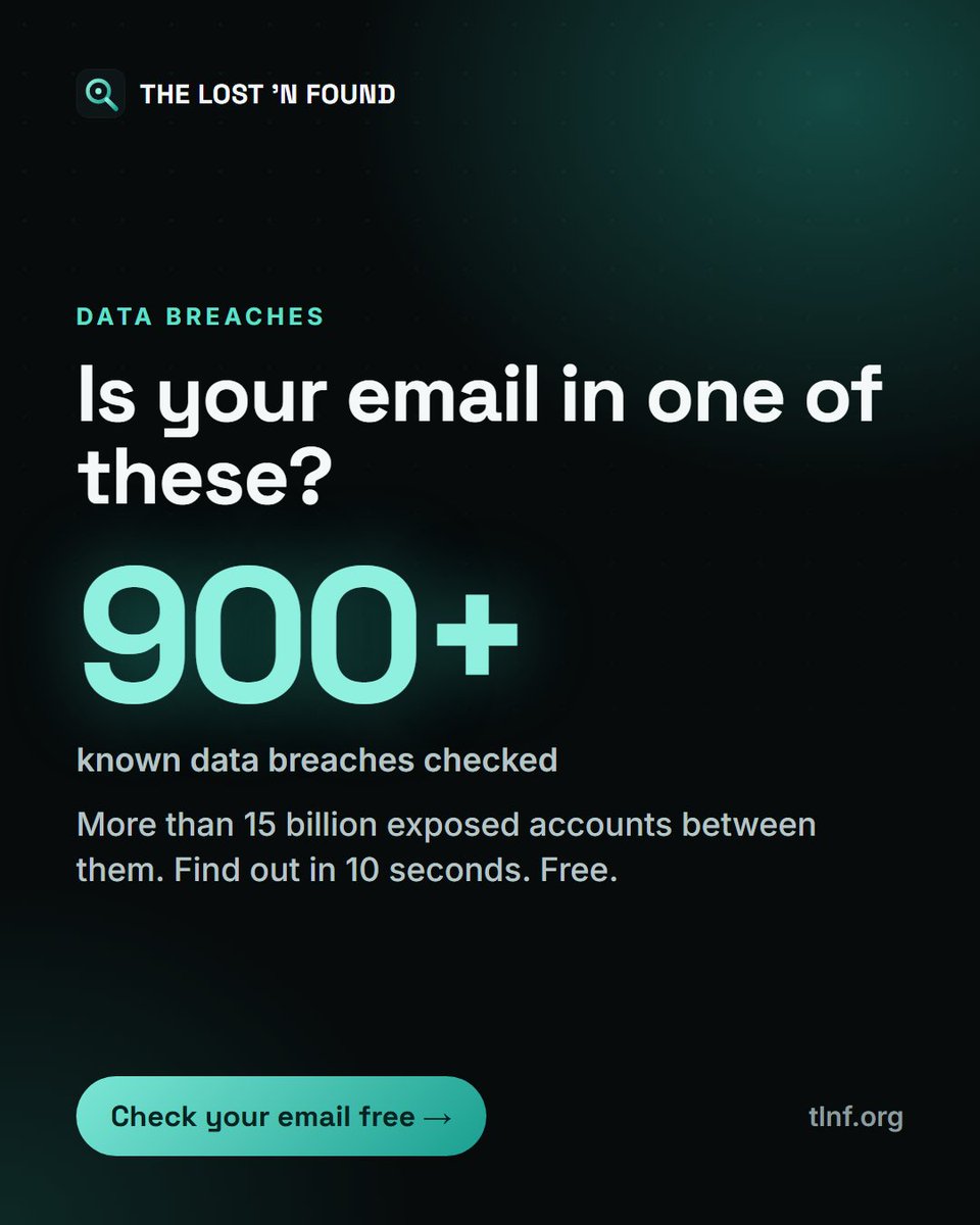 Lonedidthat's tweet photo. Is your email in one of these? 900+ known data breaches, over 15 billion exposed accounts. Free check, 10 seconds, no card: https://t.co/uIFUgEc4fJ https://t.co/Wfgwy8POye
