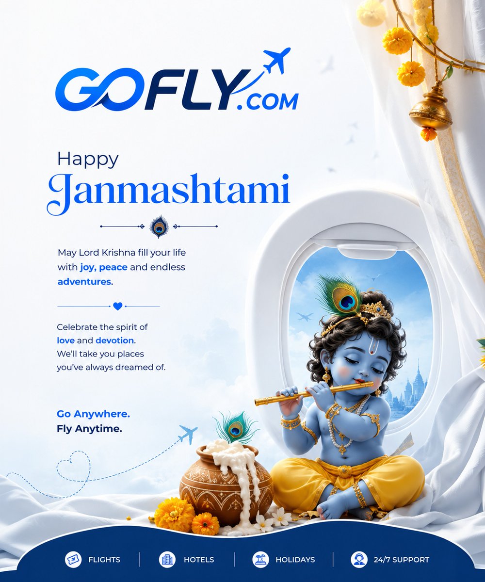 oskitar26's tweet photo. May Lord Krishna fill your life with joy, peace, love, and new beginnings. This Janmashtami, celebrate faith, devotion, and journeys that bring you closer to what matters. Happy Janmashtami from GOFLY. COM. Go Anywhere. Fly Anytime. https://t.co/G87Z3Wva5P