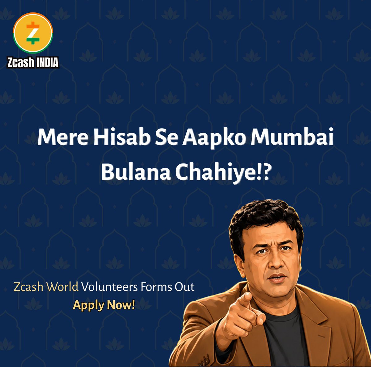 ZcashIND's tweet photo. Mere hisaab se aapko Mumbai bulana chahiye. 🎙️

Zcash World is happening in Mumbai on 
1 November 2026, the room that opens Devcon week.🪷🦚

We’re calling the real ones: volunteers who want to help build India’s biggest Zcash gathering.

Volunteer form is live → https://t.co/lNSsYVzDdS

Privacy. ZK. Real $ZEC. On-ground energy.
ZM ZM Mumbai. 🦓
@Zcash @ZcashIND