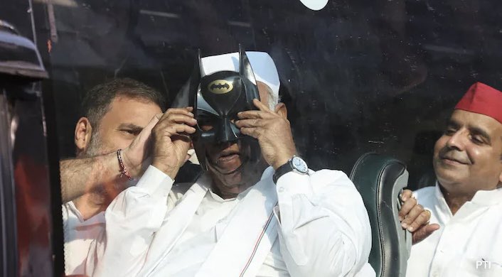 LaharSingh_MP's tweet photo. This image of Congress President Mallikarjun Kharge being made to wear the Batman mask by Rahul Gandhi is according to me the lowest point in Kharge Ji’s political career. We all could guess how the dynasty treated him inside, in closed rooms, but was there a need to insult him in front of the entire world? I wonder why Kharge Ji allows them to treat him like this? Make no mistake, this is not some form of affection but condescension and arrogance. 

Karnataka Chief Minister DK Shivakumar was elbowed out of the protest by Rahul Gandhi yesterday in Delhi, but his treatment of Kharge Ji is far worse. The dynasty is insulting and trampling with the reputations of its own leaders and the big communities they represent. This is about biting the hand that feeds the Congress. 

Rahul Gandhi will pay for this. His own leaders will make him pay for the insults he has heaped on them, very soon.

@kharge @RahulGandhi @INCIndia @INCKarnataka @BJP4India @BJP4Karnataka @PMOIndia