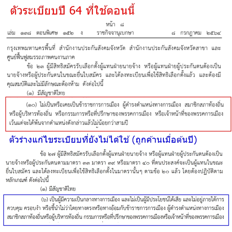 Bus_Te's tweet photo. ยังไม่มีข้อห้ามเรื่อง "ความเป็นกลางทางการเมือง" ของผู้สมัครรับเลือกตั้งบอร์ดประกันสังคม และไม่ควรมีด้วย
.
กรณีที่เลขาธิการสำนักงานประกันสังคมออกมาพูดทำนองว่า จะมีการตรวจสอบผู้ชนะการเลือกตั้งว่าเกี่ยวข้องกับการเมืองหรือไม่ แล้วมีการโยงว่ามีระเบียบห้ามไว้นั้น ต้องมาไล่เรียงดูกันครับว่า ปัจจุบัน "ยังไม่มีข้อห้าม" เรื่องการเมืองเข้ามาชี้นำครับ แม้ช่วงต้นปีจะมีความพยายามแก้ไขระเบียบและเปิดรับฟังความคิดเห็นไป แต่ก็โดนกระแสคัดค้าน (เพราะมองจากดาวอังคารก็เห็นว่ามีเป้าหมายเพื่อสกัดใคร) ซึ่งเป็นความพยายามรอบเดียวกับการเสนอแก้กติกาให้ผู้มีสิทธิเลือกตั้งหนึ่งคนเลือกได้เพียง 1 คน จากเดิมที่เลือกได้ 7 คนนั่นล่ะครับ
.
ปัจจุบัน ระเบียบว่าด้วยการเลือกตั้งบอร์ดประกันสังคม ฉบับปี 2564 ข้อ 23 (10) กำหนดห้ามเพียงแค่ ผู้ที่เคยดำรงตำแหน่งทางการเมือง มาลงสมัคร โดยต้องพ้นจากตำแหน่งมาแล้วไม่น้อยกว่า 3 ปีเท่านั้น
.
ส่วนประเด็นที่คนเข้าใจผิด (จะโดยตั้งใจหรือไม่ก็ตาม) นั้นมาจาก "ร่าง" แก้ไขระเบียบที่เสนอและรับฟังความคิดเห็นไปเมื่อต้นปี ซึ่งถูกกระแสคัดค้านจนตกไป โดยระบุอยู่ในร่างแก้ไขฯ ข้อ 27 (6) ที่กำหนดให้ผู้สมัคร "ต้องเป็นผู้มีความเป็นกลางทางการเมือง ไม่เป็นผู้มีประโยชน์ได้เสีย และไม่อยู่ภายใต้การควบคุม ครอบงำ หรือชี้นำไม่ว่าโดยทางตรงหรือทางอ้อมจากฝ่ายการเมือง" ซึ่งเมื่อต้นปีก็เป็นที่ถกเถียงกันไปแล้วว่า การแก้ไขนี้รวมถึงการลดสิทธิผู้มีสิทธิเลือกตั้ง จากเดิมที่เลือกได้ 7 คน เหลือเพียง 1 คน เห็นได้ชัดเจนว่าร่างนี้เขียนมาเพื่อสกัดใคร
.
สำหรับคำถามที่ว่าบอร์ดประกันสังคมควรปลอดการเมืองหรือไม่ ต้องบอกว่าจุดกำเนิดของระบบนี้ก็มาจากการเมือง และเป็นเรื่องที่กระทบต่อคนจำนวนมากราว 20 ล้านคน จึงเลี่ยงไม่ได้ที่จะมีความเกี่ยวข้องกับการเมือง ประกอบกับรัฐมนตรีเองก็มีอำนาจแต่งตั้งตัวแทนฝ่ายรัฐถึง 7 คน ซึ่งก็สัมพันธ์กับการเมืองอยู่แล้ว ดังนั้น แทนที่จะพยายามเอาการเมืองออกไป ควรทำให้เปิดเผยและโปร่งใสไปเลย เพื่อให้ผู้ประกันตนสามารถเลือกได้อย่างตรงไปตรงมา เว้นเสียแต่ว่าเราจะเชื่อแบบ ดร.ลูกบิด ที่มองว่าผู้ประกันตนไม่มีคุณภาพและขาดดุลพินิจในการตัดสินใจ ถ้าเป็นเช่นนั้นก็ไม่มีอะไรต้องพูดกันต่อ
.
ท้ายนี้ ที่เห็นสื่อบางสำนักหรืออินฟลูเอนเซอร์บางคนไปอ้างอิงระเบียบว่าด้วยการเลือกบอร์ดฯ (ฉบับที่ 2) ที่เพิ่งประกาศไปเมื่อปลายเดือนสิงหาคมและลงนามโดย รมว.แรงงาน นั้น อันที่จริงคือการปลดล็อกเรื่อง "ไม่ต้องลงทะเบียนใช้สิทธิเลือกตั้ง" ครับ ไม่ใช่เรื่องข้อกำหนดความเป็นกลางทางการเมืองที่เป็นประเด็นถกเถียงกันอยู่แต่อย่างใด
.
#เลือกตั้งประกันสังคม