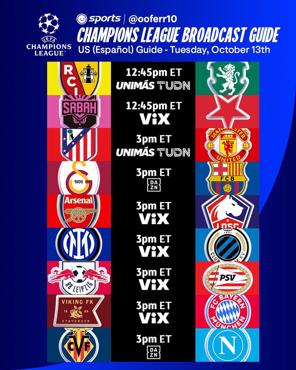 Ooferr10's tweet photo. The Champions League is BACK! (and so am I)

This is the Broadcast Guide for the UEFA Champions League for Spanish TV in the US

Este es la Guia de Transmision para la UEFA Champions League en Español para los Estados Unidos. https://t.co/0XEWU6TYKc