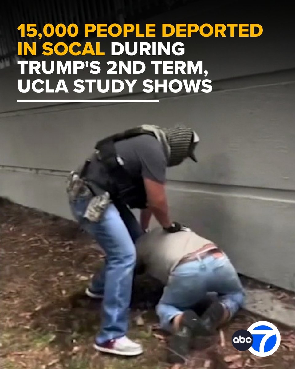 ABC7's tweet photo. Newly released immigration enforcement data from ICE shows a surge in deportations in California since the beginning of President Trump's second term. Nearly 15,000 people were arrested and deported between January 2025 and August 2026. https://t.co/gOFOTbmca0 https://t.co/pfgxH6ILM8
