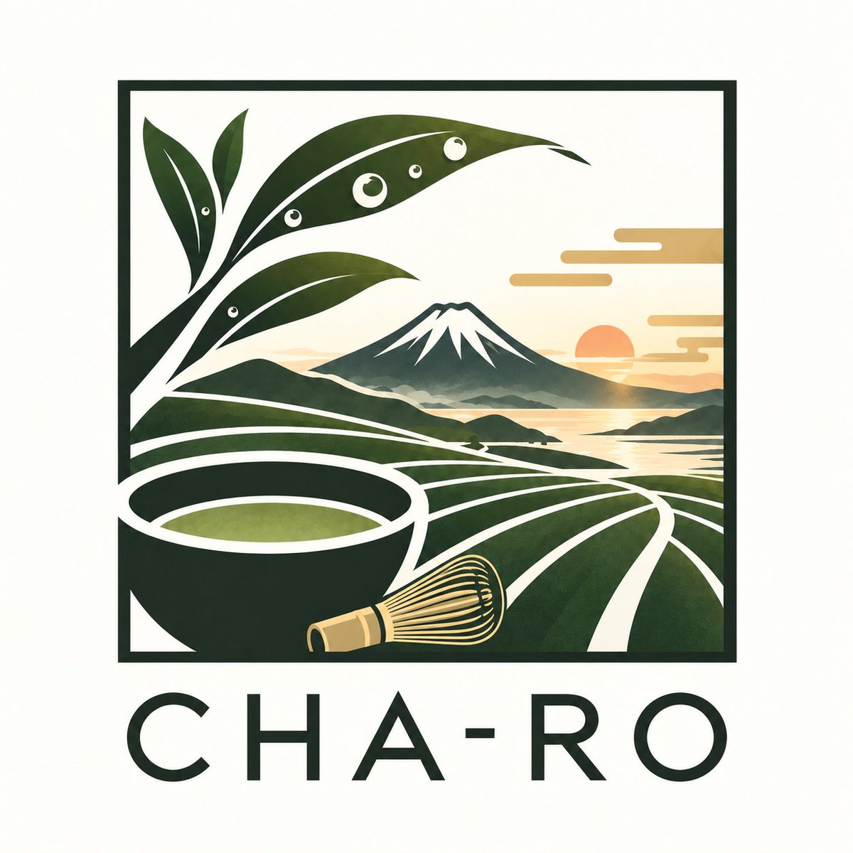 manga_nimation's tweet photo. #CHAROロゴコンテスト

お茶から抹茶までのイメージ。
朝露と茶葉の美しさ。
世界に向けて静岡の象徴であり、日本の象徴でもある富士山。
これからの発展という意味での”日出国（ひいづるくに）”の朝焼けライジングサン。

これらの願いを込めてロゴを制作しました。 https://t.co/lRIR1Vv1Zg