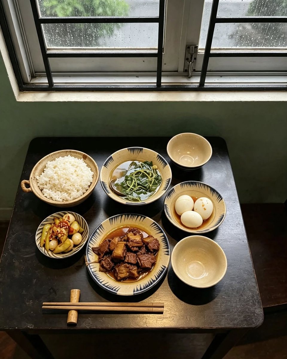 LauraDb2's tweet photo. Cơm nóng, canh rau lang, thịt kho trứng, mắm dưa đủ đầy. Chỉ thiếu một người ngồi chung, nghe mưa rơi ngoài hiên. https://t.co/XXcWSBRZzL