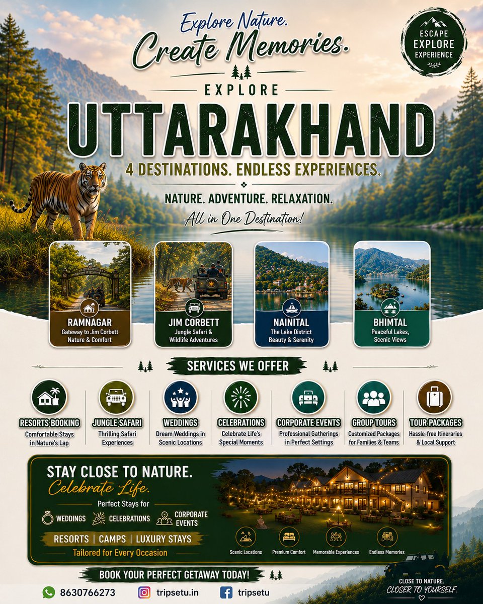 Lucas05481046's tweet photo. From luxury resorts to thrilling safaris and unforgettable celebrations, discover Uttarakhand your way. Resorts | Jungle Safaris | Weddings | Celebrations | Corporate Events | Group Tours
8630766273 https://t.co/zfDRMInP0X