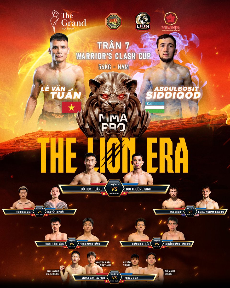 anahien's tweet photo. LION Championship 36 lần đầu đến Hồ Tràm. Nhà vô địch 56kg Lê Văn Tuần đối đầu Abdulbosit Siddiqov bất bại tranh cúp Warriors’ Clash. 20:00, 10. 10. 2026 tại Grand Ballroom, The Grand Ho Tram. https://t.co/y1VzjIuvI7