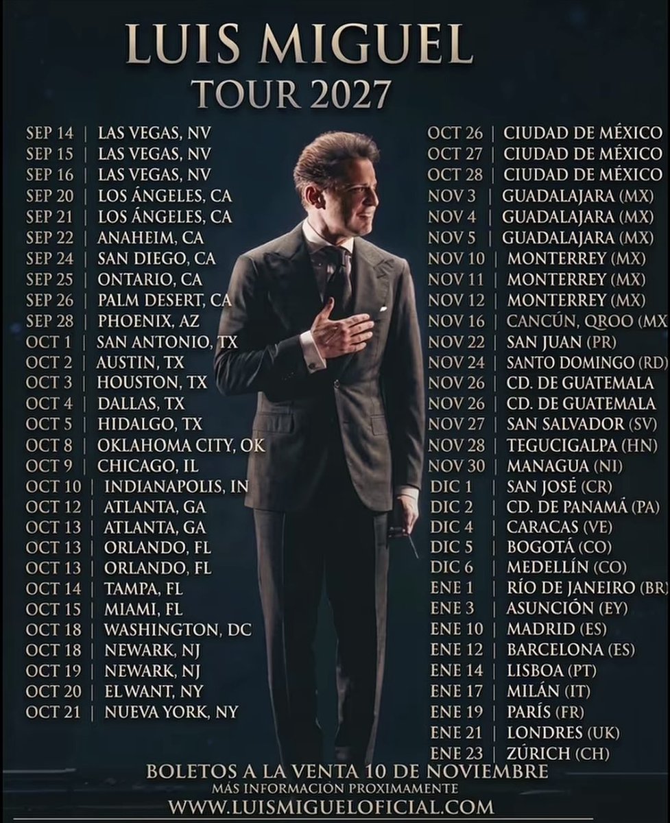 LaHistoriaUSA's tweet photo. A Ecuador ni bola. Se publicó la lista de países en los que el cantante mexicano Luis Miguel dará conciertos en 2027. https://t.co/5Ncv293Xk2
