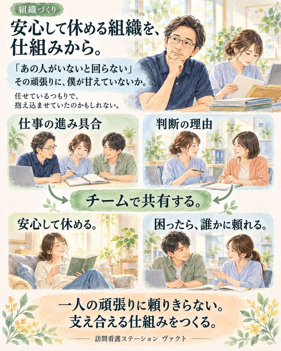 kichigo6's tweet photo. 「あの人がいないと回らない」
その頑張りに、経営者の僕が甘えていないか。

任せているつもりで、抱え込ませていたのかもしれない。

仕事の進み具合も、判断の理由も、チームで共有する。

安心して休める。
困ったら誰かに頼れる。

そんな組織を、仕組みからつくっていきたい。
#仕組み化 https://t.co/l2gVurueag