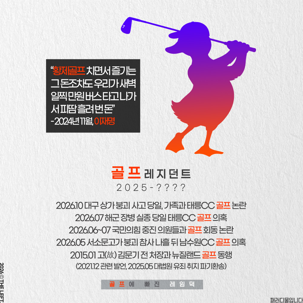 1theleft's tweet photo. 골프레지던트
-
골프에 빠진 레임덕
#패러디 #어제명 https://t.co/9j3C3RTYCs