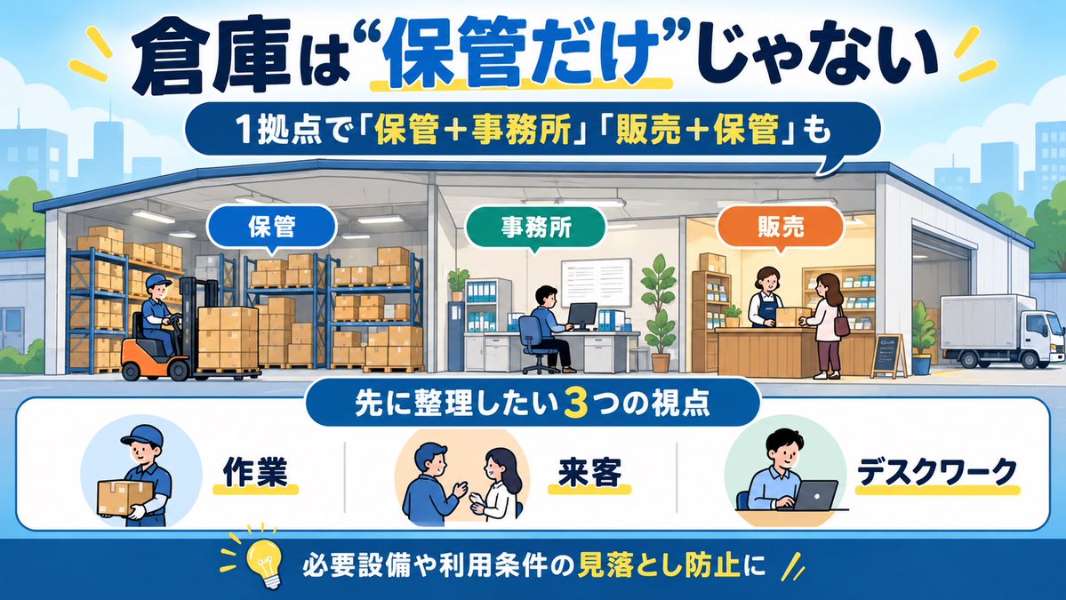 centurydaiso's tweet photo. 先週のご相談には、保管＋事務所、販売＋保管など一つの場所で複数の機能を持たせた���例がありました

「倉庫」でも、実際の使い方は保管だけとは限りません

候補を探す前に、作業・来客・執務の有無を分けて書き出すと、必要な設備や利用条件の確認漏れを防ぎやすくなります💡
#企業公式相互フォロー https://t.co/d8ykMBqwRu