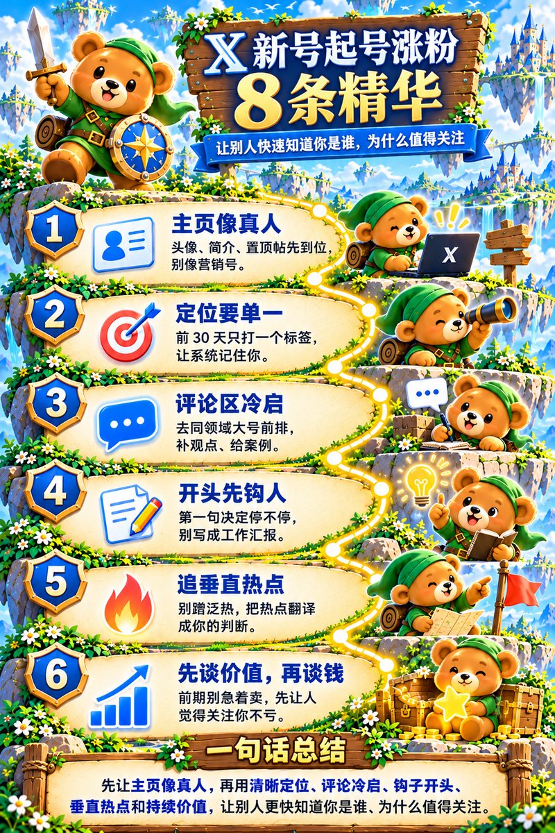 LinkBearup's tweet photo. 别再问 X 新号怎么起号了。我这几天看了好多关于X 运营起号的内容

真相有点扎心：

1、新号最怕的不是没人看，
而是你发了 30 天，系统和用户都不知道你是谁。
想涨粉，先别急着猛发。
先把主页做得像个“活人”：

2、头像清楚
简介有记忆点
置顶帖告诉别人：关注你能得到什么
前 30 天，只打一个标签。
AI 就 AI，成长就成长，副业就副业。
别今天聊工具，明天聊情绪，后天又去蹭热搜。

3、冷启动最快的地方，不是你的主页，
是别人的评论区。
每天去同领域大号下面抢前排。
但别只会说“学到了”“认同”。
要补观点、给案例、抛问题、递情绪价值。
发帖也别写成工作汇报。
第一句必须抓人，
内容必须有用，
结尾必须让人想回。

4、别追所有热点。
新号追泛热点，基本就是陪跑。
把热点翻译成你领域里的判断，才可能被记住。

X 起号，说到底就一句话：让系统知道你是谁，让用户觉得关注你不亏。

📌 先建立认知，再积累信任，最后才是增长。

💬 你现在起号，最大的难题是什么？

👇 评论区聊聊，一起破局！ 🐻
